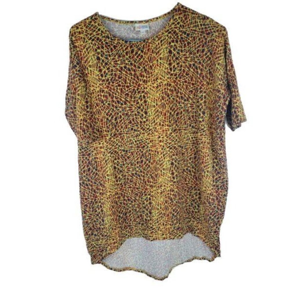 LuLaRoe Irma Tunic T-Shirt Womens Size XS Top Red Blue Yellow Geographic Lines